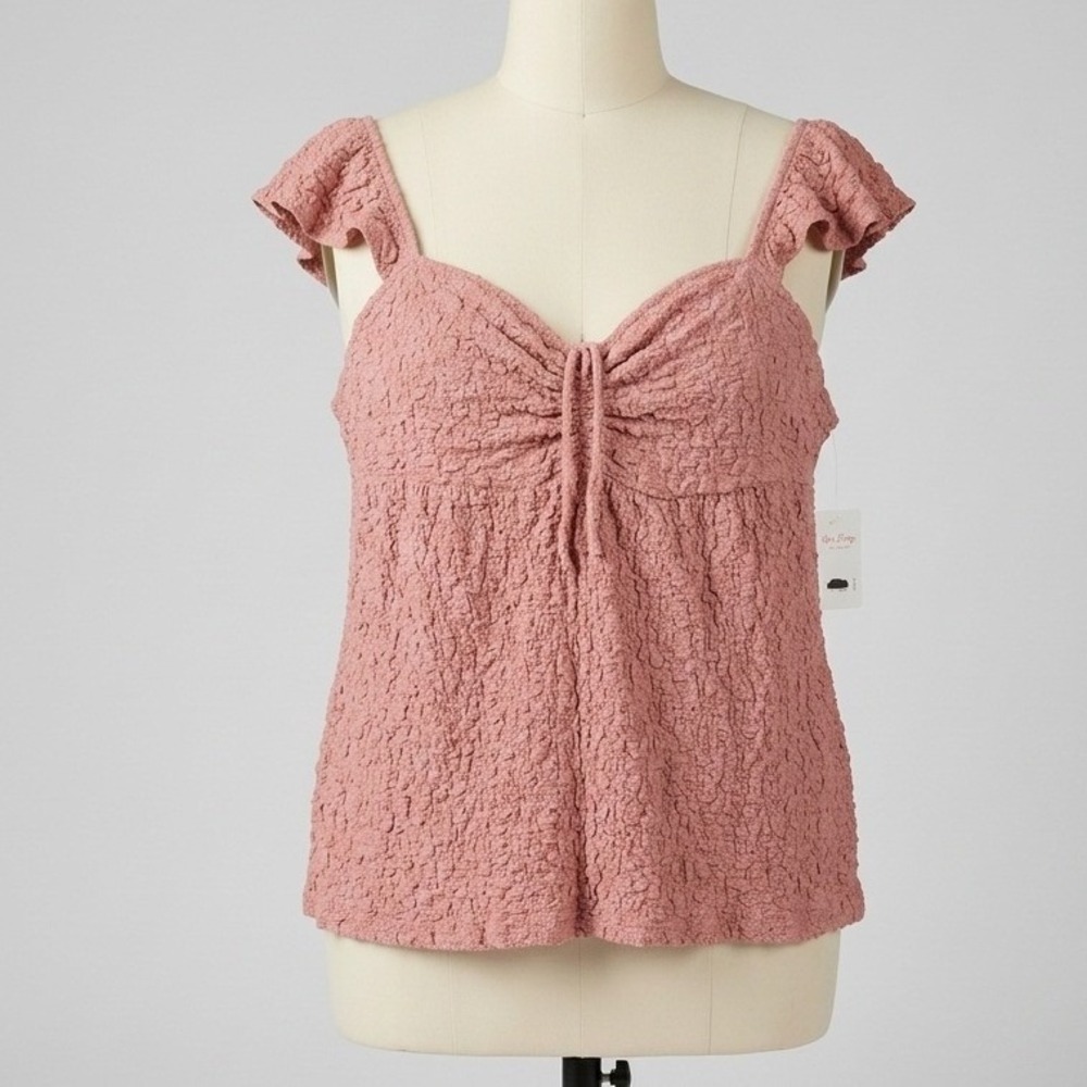 Lucky Brand Pink Smocked Ruffle Cami Top Tie Front Coquette Dainty XXL NWT - Picture 2 of 12